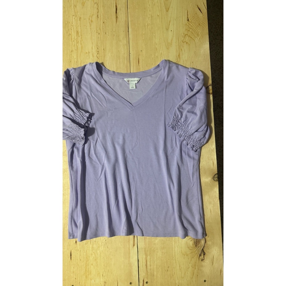 Liz Claiborne Womens Large Lavender V-Neck Puff Short Sleeve‎ Smocked Cuff Top